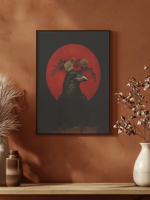 Gothic-style portrait of a black raven with golden floral crown against a deep red moon backdrop, featuring sunflowers, poppies, and detailed botanical elements.
